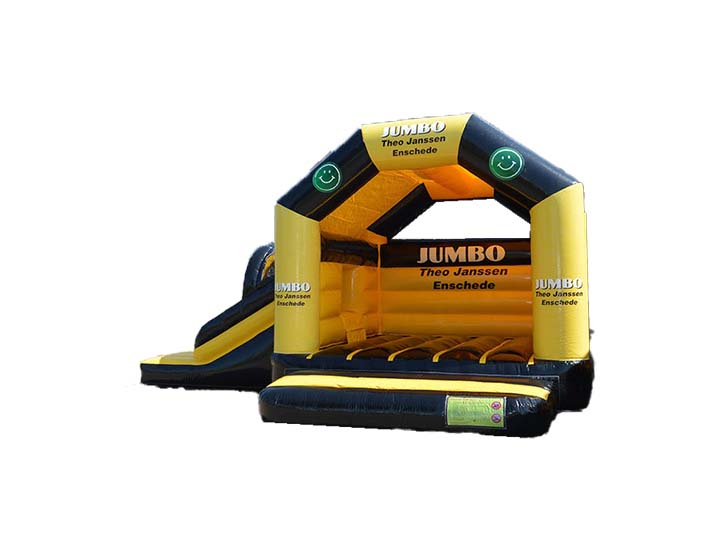 Maatwerk springkussen met glijbaan in huisstijl van Jumbo Jansen